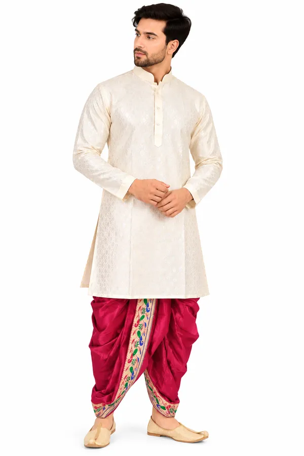 Cream_Jacquard_Straight_Kurta_For_Men