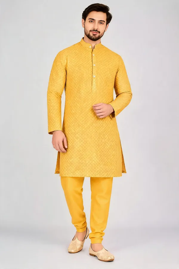 Yellow_Jacquard_Regular_Fit_Kurta_Pajama_Set_For_Men