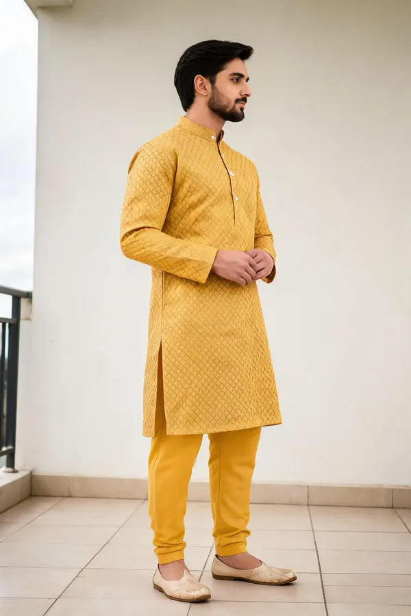 Yellow_Jacquard_Regular_Fit_Kurta_Pajama_Set_For_Men