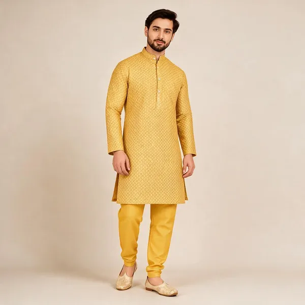 Yellow_Jacquard_Regular_Fit_Kurta_Pajama_Set_For_Men