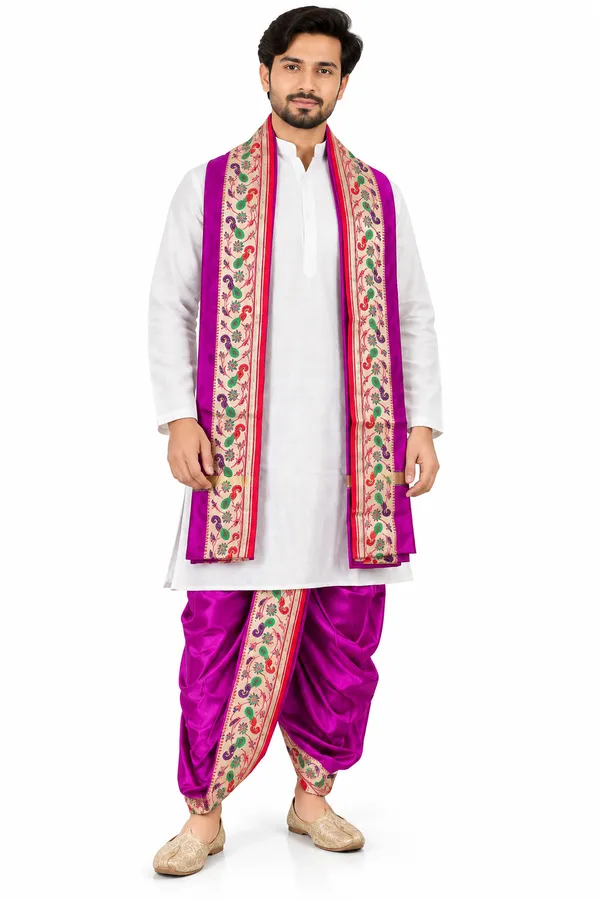White_and_Purple_Kurta_Magenta_Dhoti_Set_With_Embroidered_Stole_for_Men