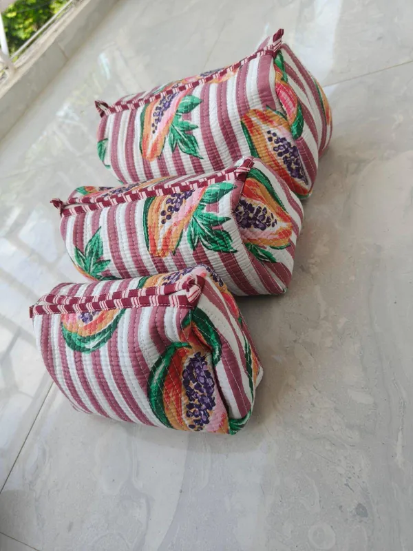 Quilted_Cotton_Toiletry_Bags_Set_Papaya_Print_Zipper_Closure_Travel_Essentials_Set_Of_3