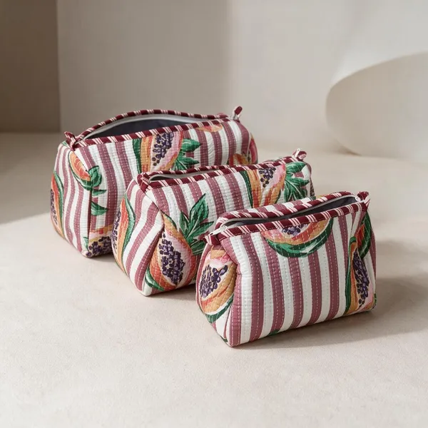 Quilted_Cotton_Toiletry_Bags_Set_Papaya_Print_Zipper_Closure_Travel_Essentials_Set_Of_3