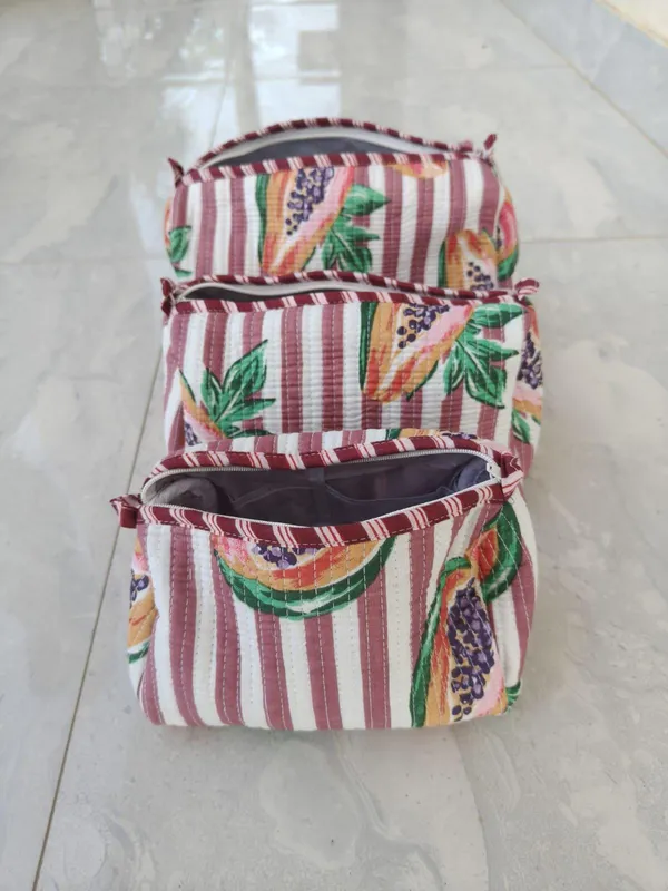 Quilted_Cotton_Toiletry_Bags_Set_Papaya_Print_Zipper_Closure_Travel_Essentials_Set_Of_3