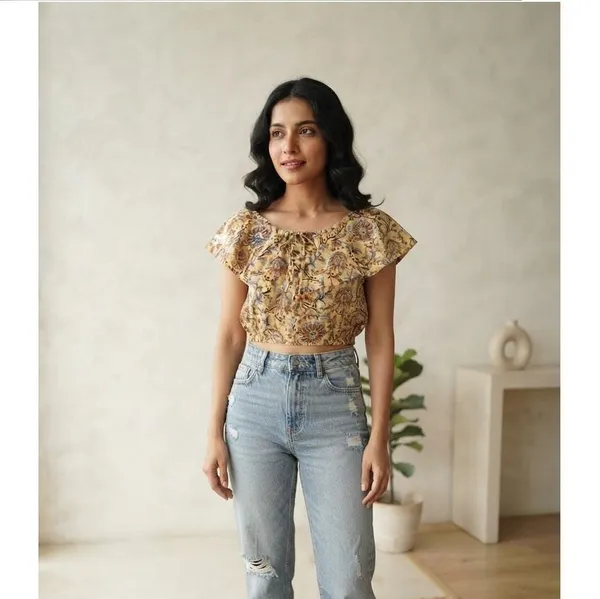 Trendy_Cotton_Floral_Printed_Flared_Neck_Design_Boho_Women_Short_Top_For_Casual_Wear