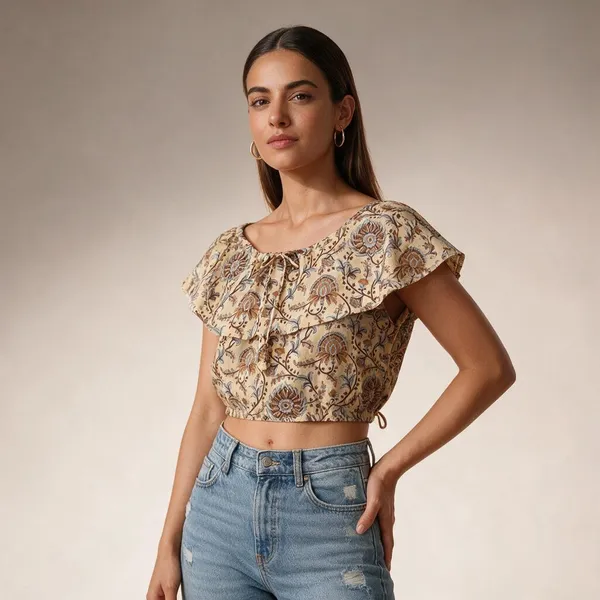 Trendy_Cotton_Floral_Printed_Flared_Neck_Design_Boho_Women_Short_Top_For_Casual_Wear