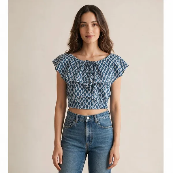 Trendy_Unique_Printed_Cotton_Flared_Neck_Design_Women_Short_Top_For_Party_&_Casual_Wear
