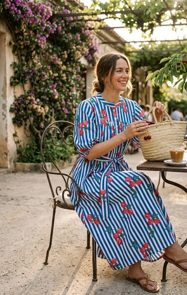 100%_Cotton_Boho_Cherry_Print_Maxi_Dress_Fit_&_Flare_Beach_Wear