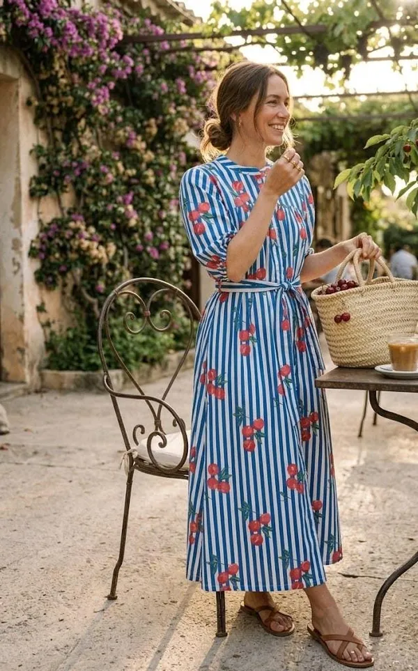 100%_Cotton_Boho_Cherry_Print_Maxi_Dress_Fit_&_Flare_Beach_Wear