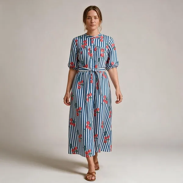 100%_Cotton_Boho_Cherry_Print_Maxi_Dress_Fit_&_Flare_Beach_Wear