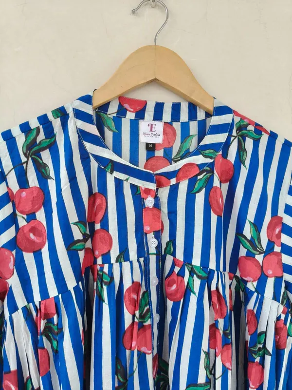 100%_Cotton_Boho_Cherry_Print_Maxi_Dress_Fit_&_Flare_Beach_Wear
