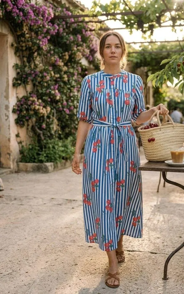 100%_Cotton_Boho_Cherry_Print_Maxi_Dress_Fit_&_Flare_Beach_Wear