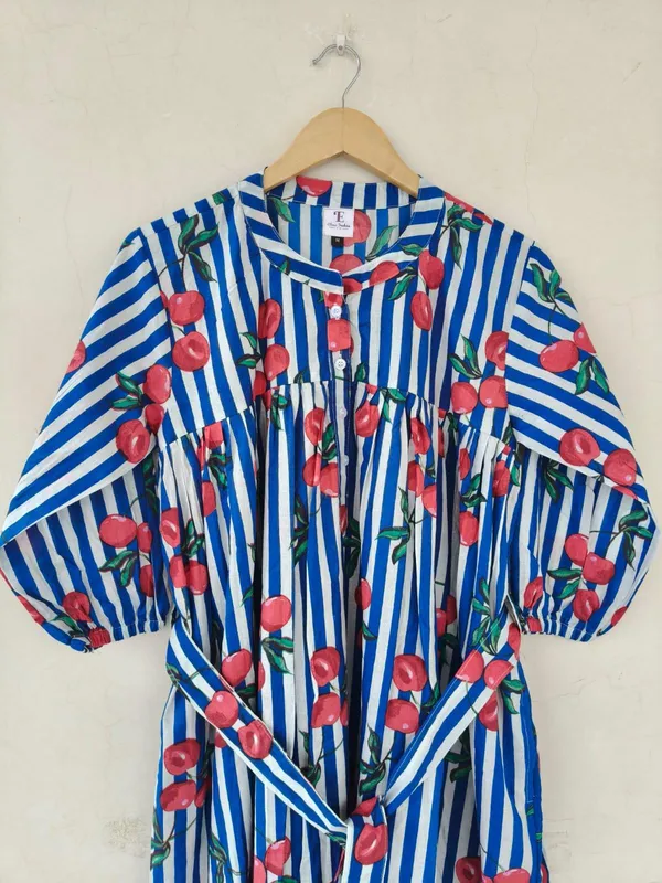 100%_Cotton_Boho_Cherry_Print_Maxi_Dress_Fit_&_Flare_Beach_Wear