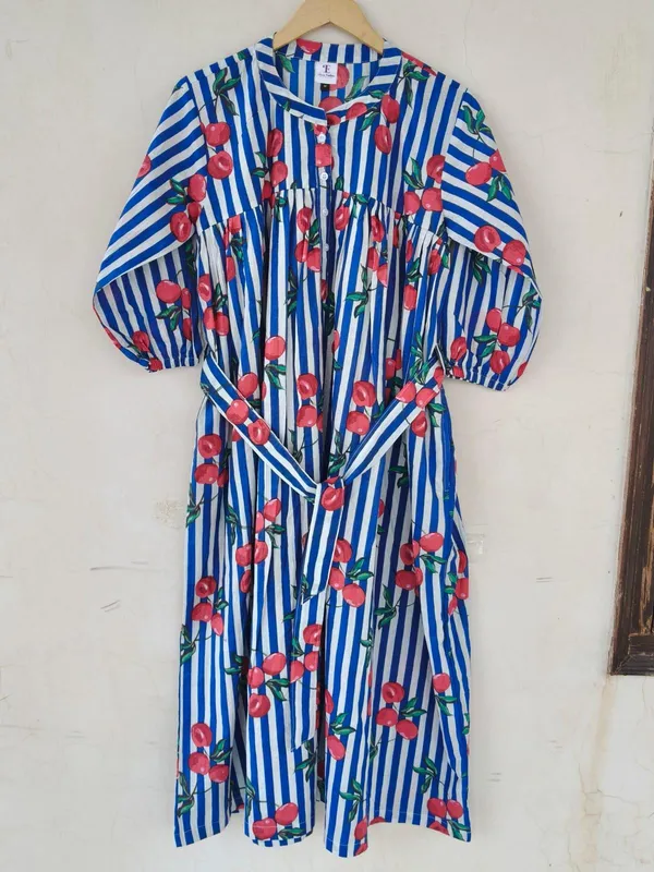 100%_Cotton_Boho_Cherry_Print_Maxi_Dress_Fit_&_Flare_Beach_Wear