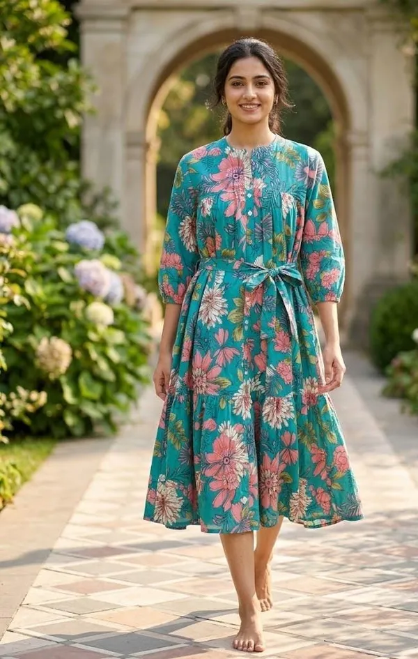 100%_Cotton_Boho_Floral_Maxi_Dress_Fit_And_Flare_Beachwear