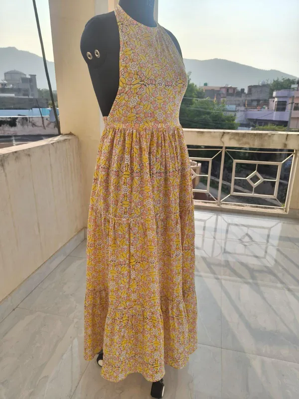 100%_Cotton_Boho_Floral_Maxi_Dress_Elegant_Neck_Design_Fit_&_Flare_Summer_Partywear