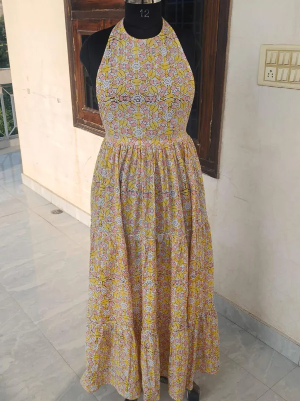 100%_Cotton_Boho_Floral_Maxi_Dress_Elegant_Neck_Design_Fit_&_Flare_Summer_Partywear