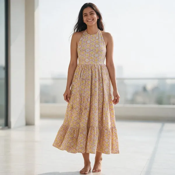 100%_Cotton_Boho_Floral_Maxi_Dress_Elegant_Neck_Design_Fit_&_Flare_Summer_Partywear