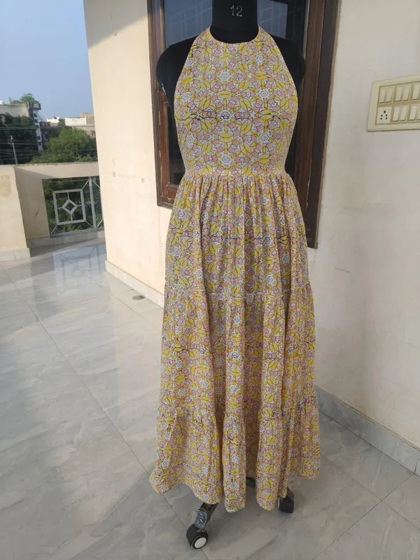 100%_Cotton_Boho_Floral_Maxi_Dress_Elegant_Neck_Design_Fit_&_Flare_Summer_Partywear