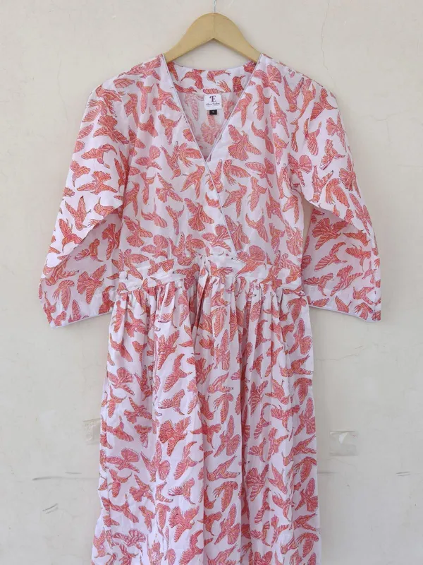 Boho_Floral_Cotton_Maxi_Dress_V-Neck_3/4_Sleeves_Ankle_Length