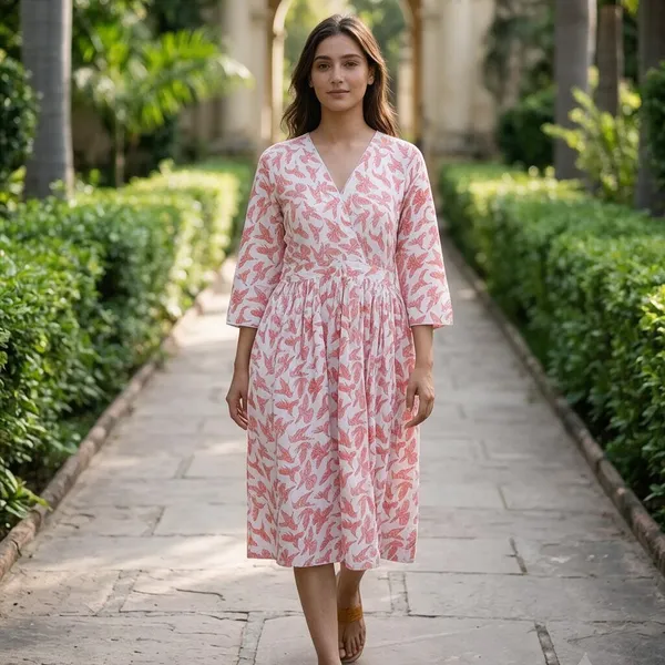 Boho_Floral_Cotton_Maxi_Dress_V-Neck_3/4_Sleeves_Ankle_Length