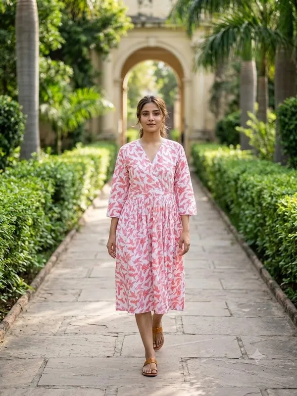 Boho_Floral_Cotton_Maxi_Dress_V-Neck_3/4_Sleeves_Ankle_Length