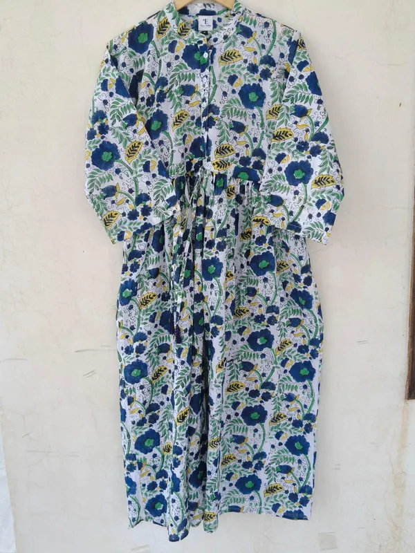 Boho_Floral_Cotton_Maxi_Dress_3/4_Sleeves_Summer_Casual_Wear_&_Beach_Wear