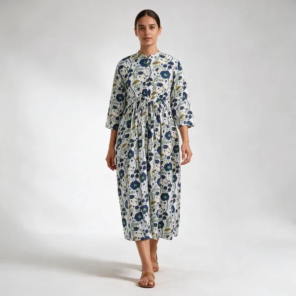 Boho_Floral_Cotton_Maxi_Dress_3/4_Sleeves_Summer_Casual_Wear_&_Beach_Wear