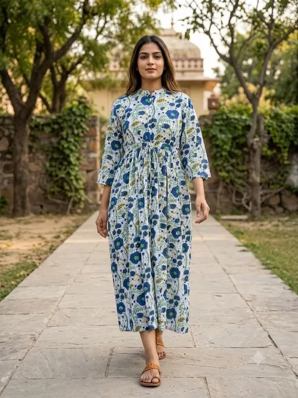 Boho_Floral_Cotton_Maxi_Dress_3/4_Sleeves_Summer_Casual_Wear_&_Beach_Wear