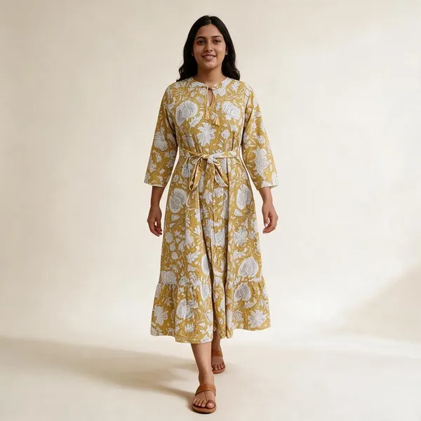 Boho_Floral_Cotton_Maxi_Dress_Floral_Print_3/4_Sleeves_Fit_&_Flare