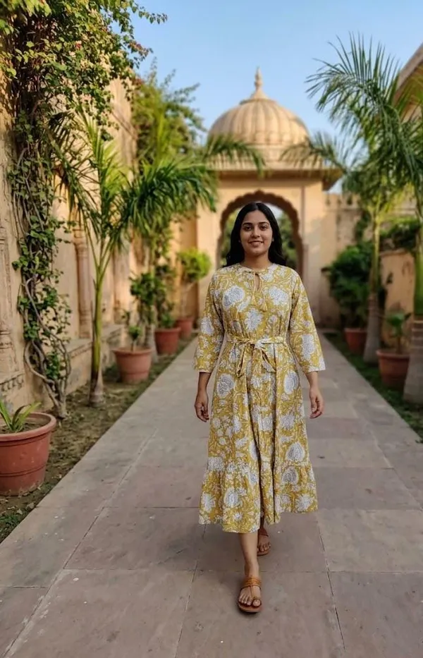 Boho_Floral_Cotton_Maxi_Dress_Floral_Print_3/4_Sleeves_Fit_&_Flare