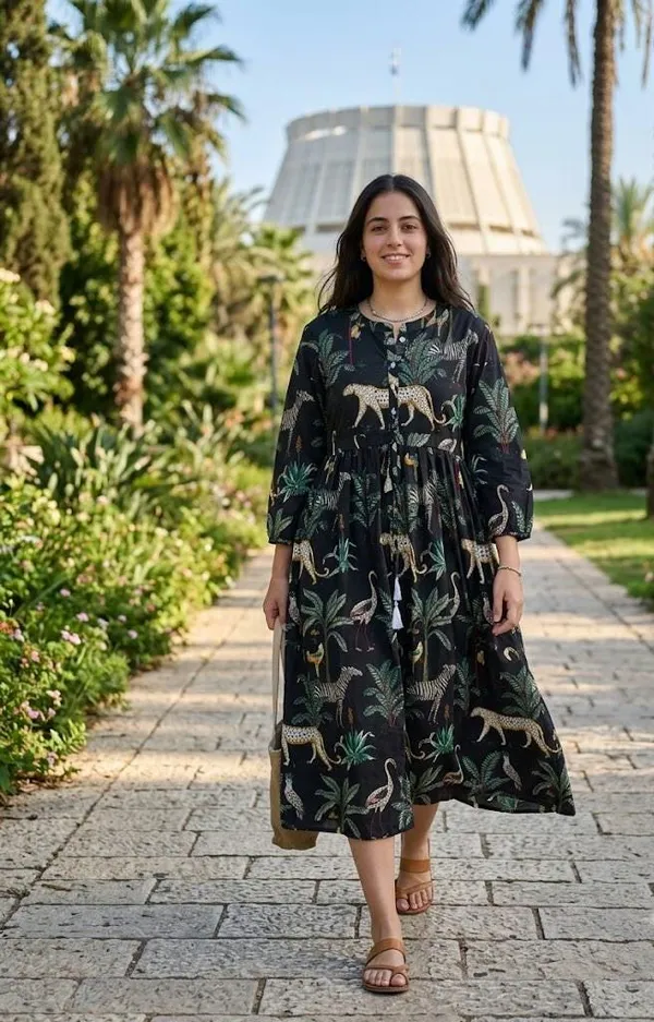 Black_Cotton_Maxi_Dress_Exotic_Animal_Leaf_Print_3/4_Sleeves_Boho_Style
