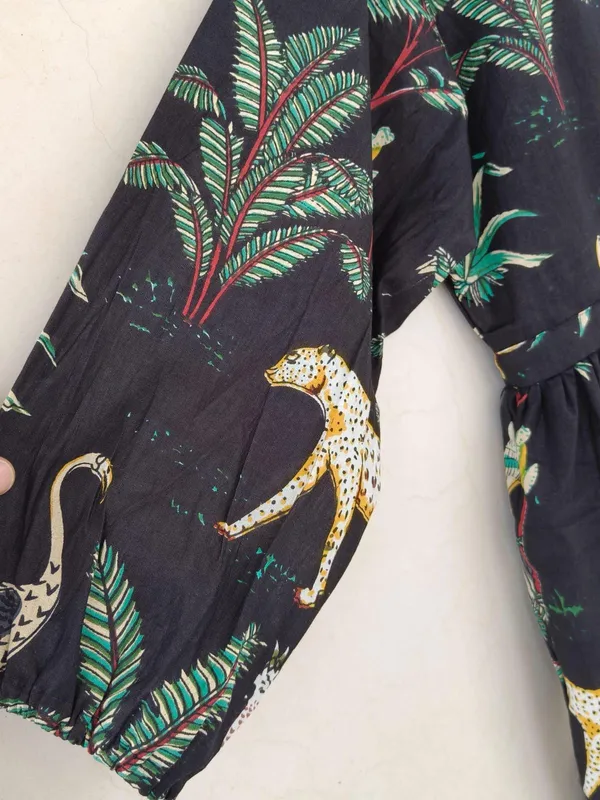 Black_Cotton_Maxi_Dress_Exotic_Animal_Leaf_Print_3/4_Sleeves_Boho_Style