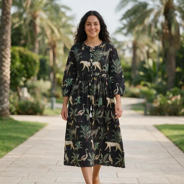 Black_Cotton_Maxi_Dress_Exotic_Animal_Leaf_Print_3/4_Sleeves_Boho_Style
