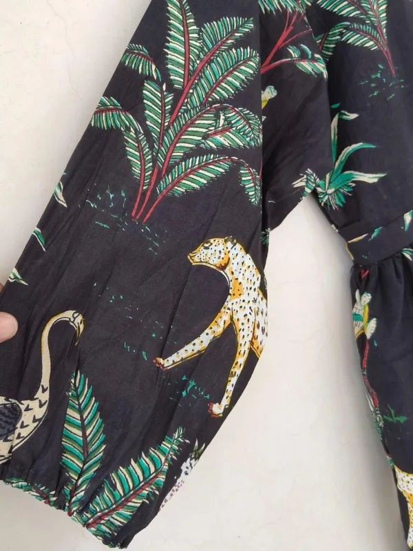 Black_Cotton_Maxi_Dress_Exotic_Animal_Leaf_Print_3/4_Sleeves_Boho_Style