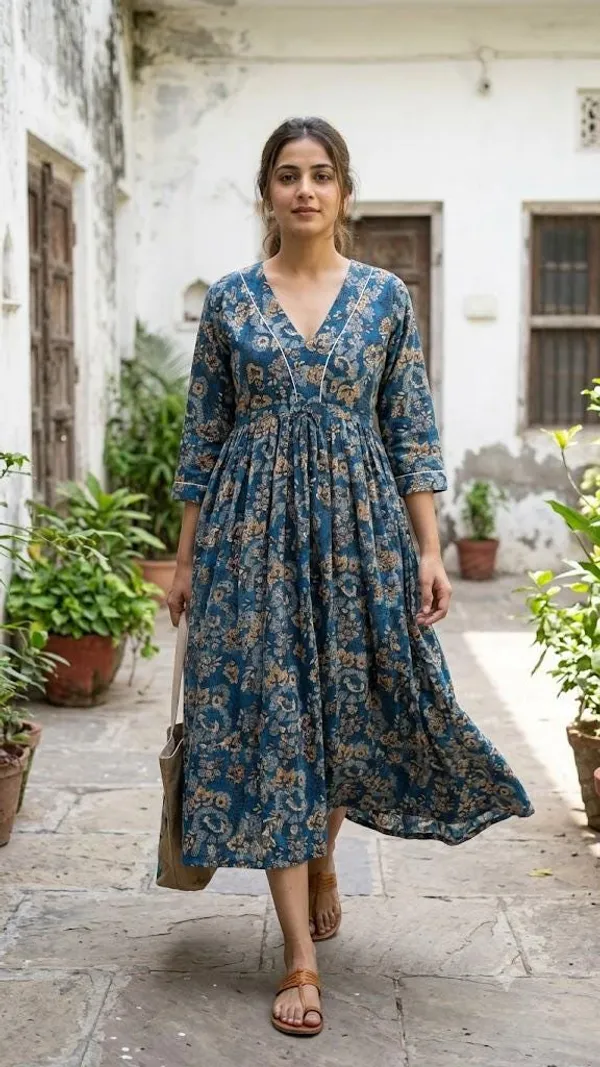 100%_Cotton_Floral_Maxi_Dress_3/4_Sleeve_Boho_Fit_&_Flare_Summer