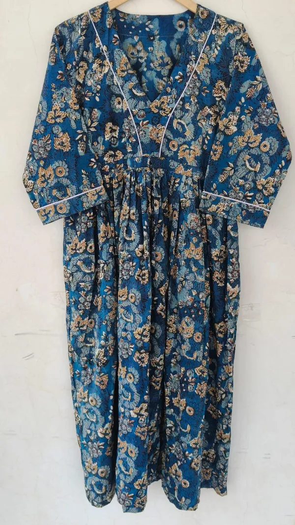 100%_Cotton_Floral_Maxi_Dress_3/4_Sleeve_Boho_Fit_&_Flare_Summer