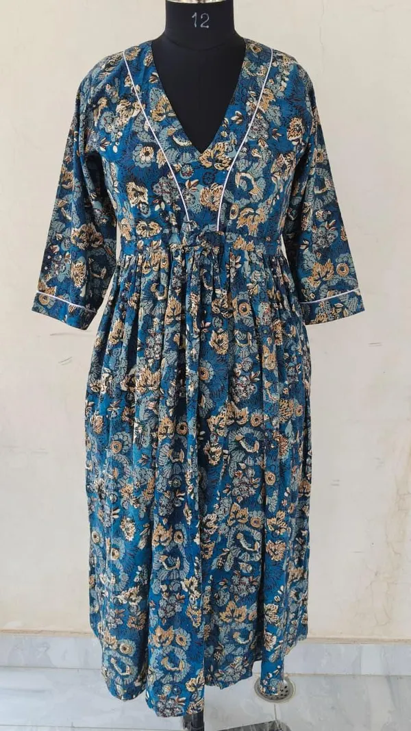 100%_Cotton_Floral_Maxi_Dress_3/4_Sleeve_Boho_Fit_&_Flare_Summer