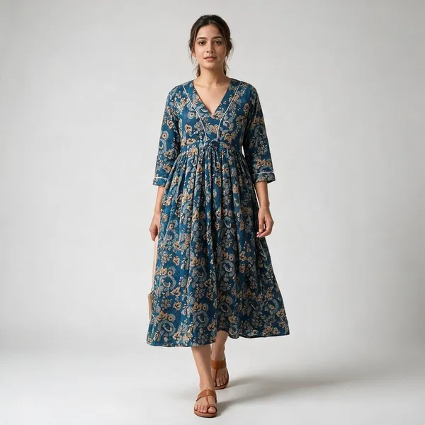 100%_Cotton_Floral_Maxi_Dress_3/4_Sleeve_Boho_Fit_&_Flare_Summer