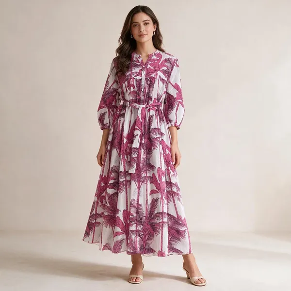 Pink_Floral_Cotton_Maxi_Dress_3/4_Sleeve_Boho_Vacation_Outfit