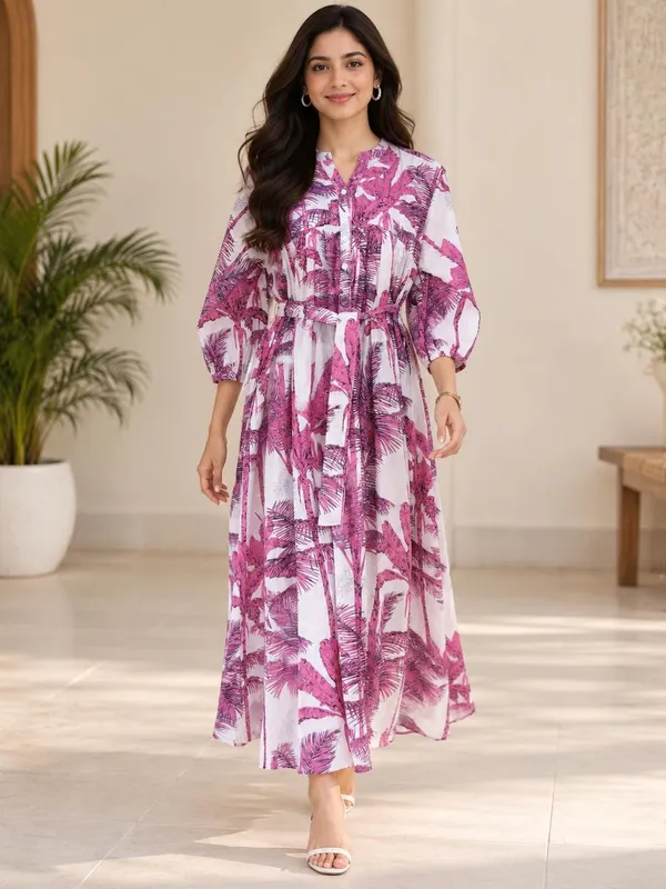 Pink_Floral_Cotton_Maxi_Dress_3/4_Sleeve_Boho_Vacation_Outfit