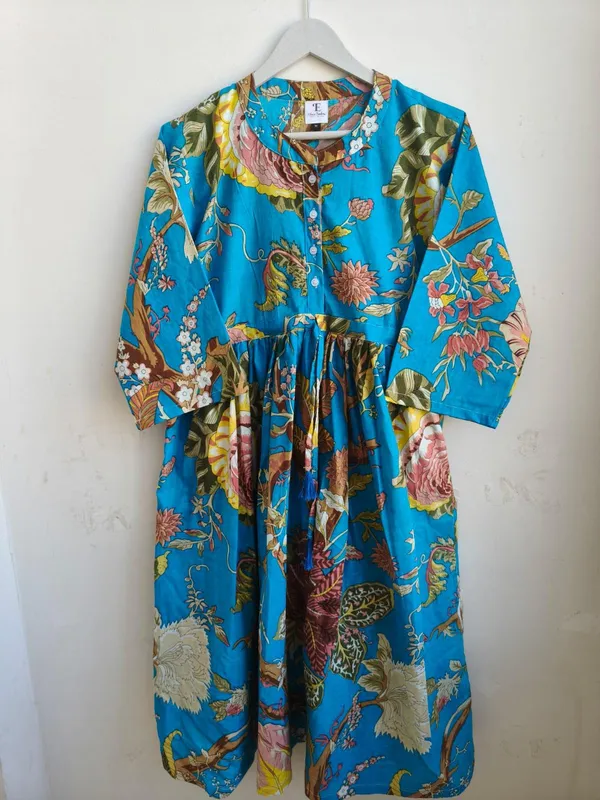 Bohemian_Floral_Cotton_Maxi_Dress_3/4_Sleeve_Fit_And_Flare_Summer_Vacation_Outfit