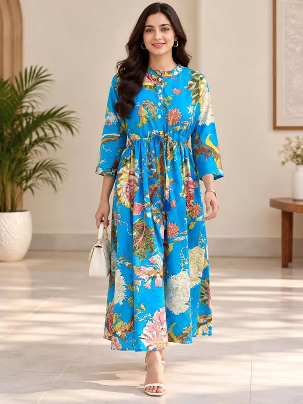 Bohemian_Floral_Cotton_Maxi_Dress_3/4_Sleeve_Fit_And_Flare_Summer_Vacation_Outfit