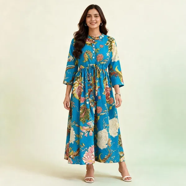 Bohemian_Floral_Cotton_Maxi_Dress_3/4_Sleeve_Fit_And_Flare_Summer_Vacation_Outfit