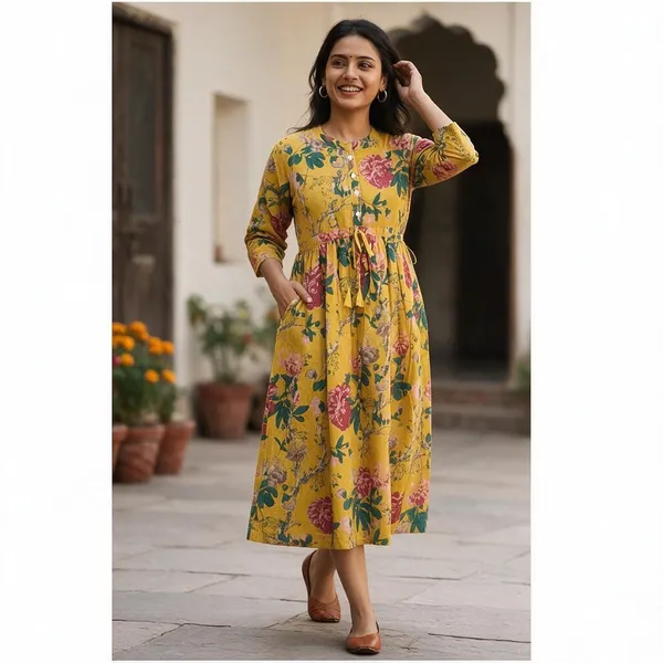 Stylish_Floral_Printed_Maxi_Dress_With_3/4_Sleeve_Fit_And_Flare_Bohemian