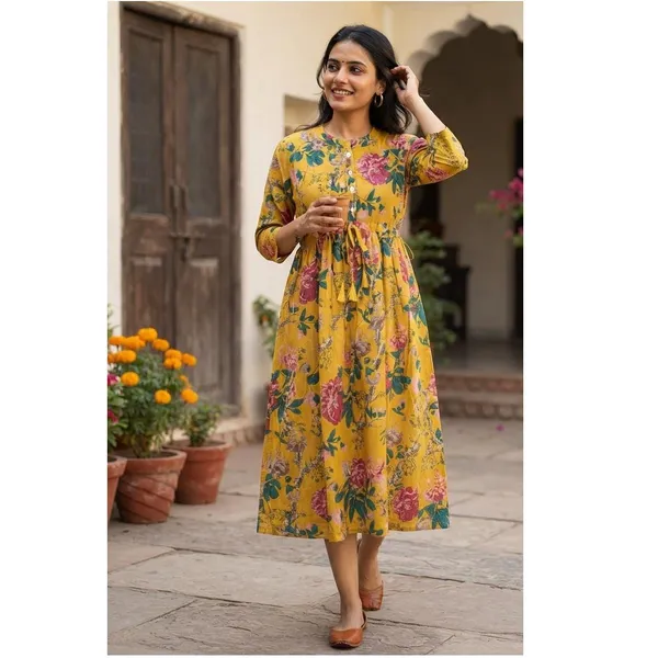 Stylish_Floral_Printed_Maxi_Dress_With_3/4_Sleeve_Fit_And_Flare_Bohemian