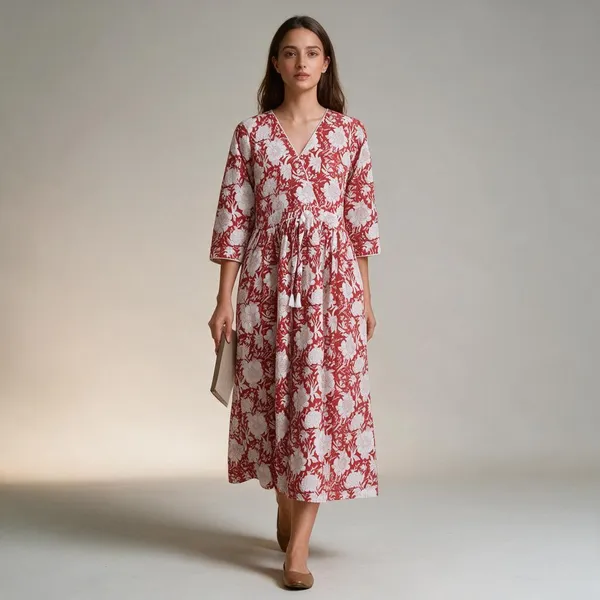 Boho_Floral_Cotton_Maxi_Dress_V-Neck_Fit_And_Flare_Beach_Wear