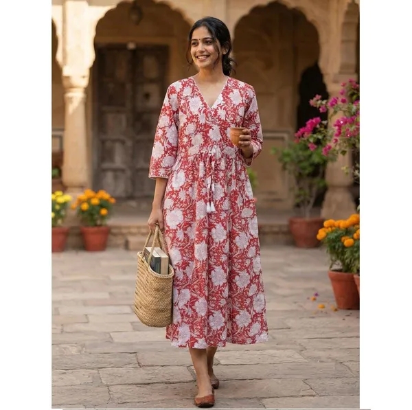 Boho_Floral_Cotton_Maxi_Dress_V-Neck_Fit_And_Flare_Beach_Wear