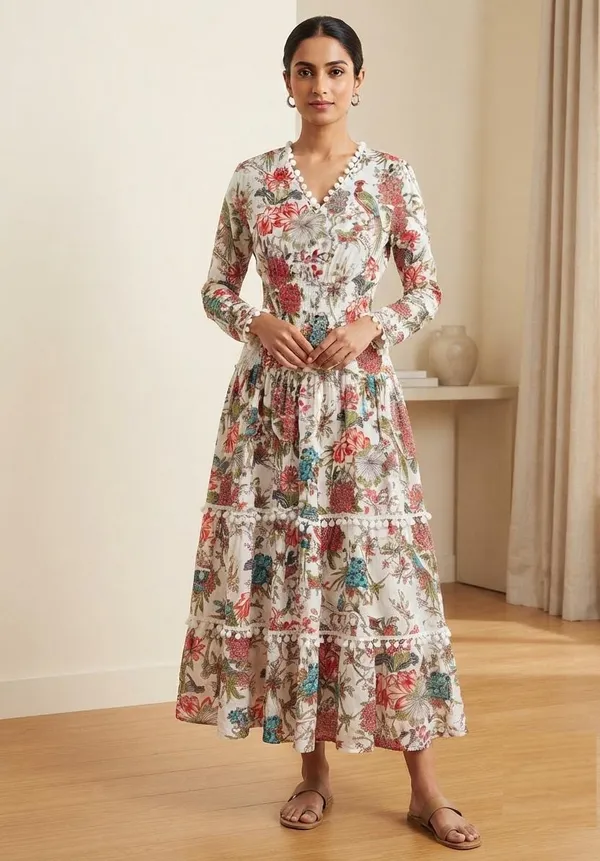 Bohemian_Cotton_Women_Printed_Maxi_Dress_With_Full_Sleeve_And_Elastic_Waistline_Comfortable_Fit_And_Flare_Casual