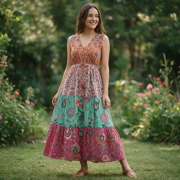 Boho_Multi_Floral_Print_Cotton_Maxi_Dress_Fit_And_Flare_Summer_Beach_Fashion